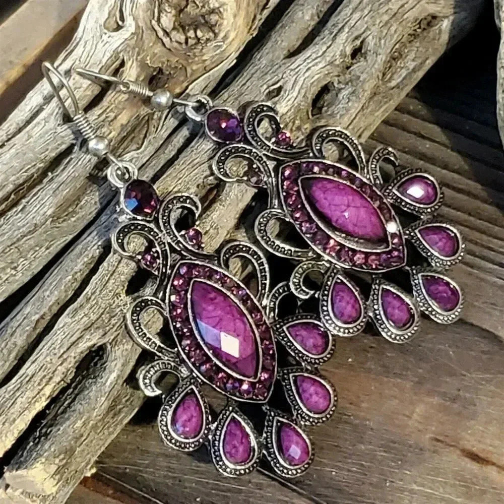 Vintage 90s Lacy Purple Marquise Antique Silver Acrylic Crystal Dangle Earrings - Picture 3 of 8